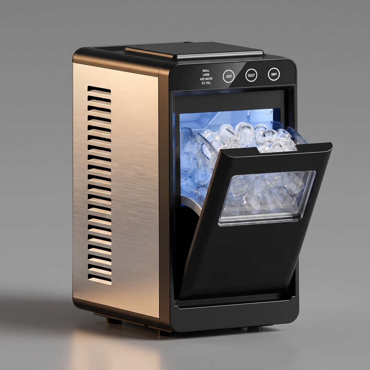 Compact countertop ice maker, angled view