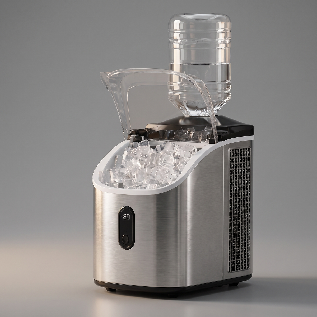 Self-cleaning portable ice maker, angled view