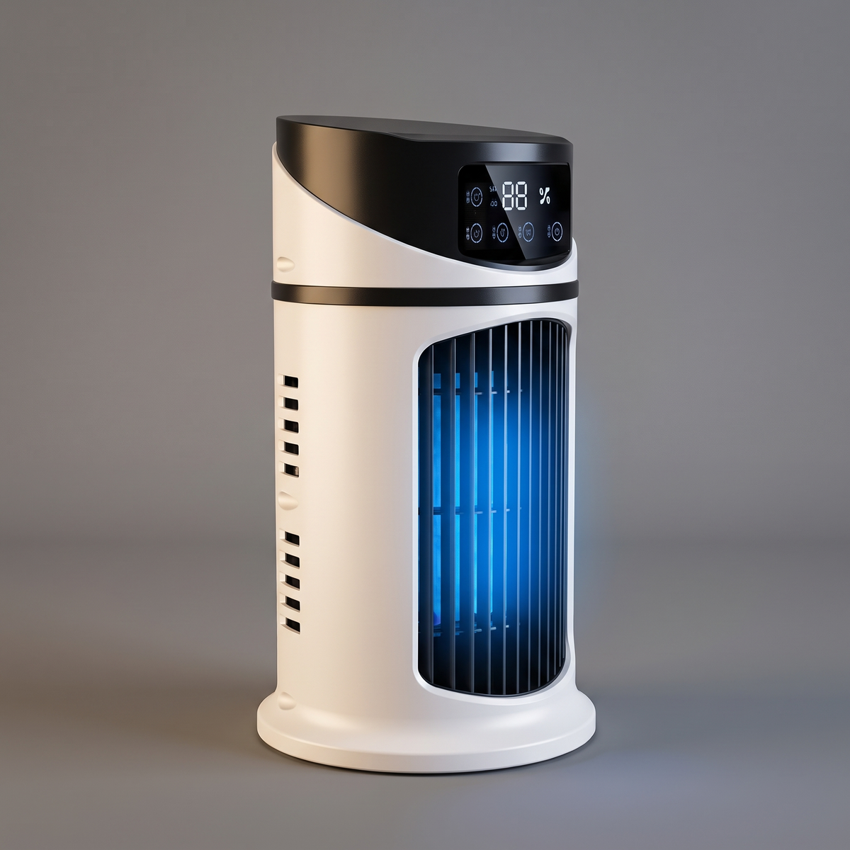 Compact evaporative air cooler, angled view