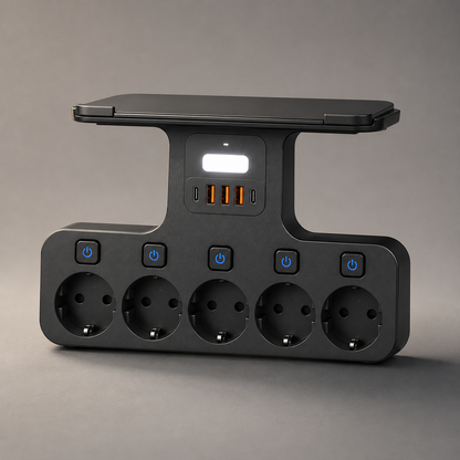 Desktop power station with shelf, front view
