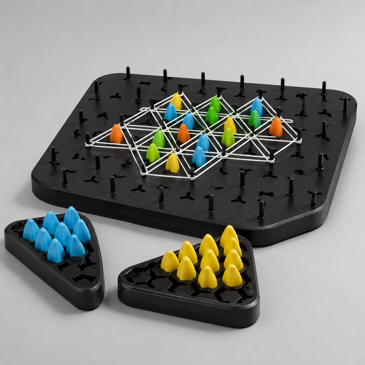 Strategy pegboard game with colored cone pieces