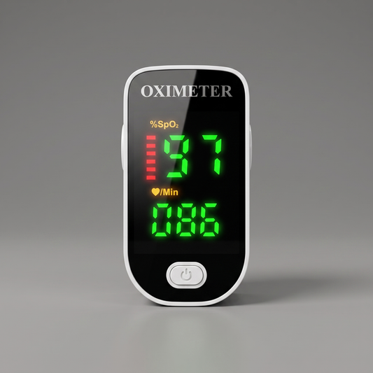 Fingertip pulse oximeter, front view